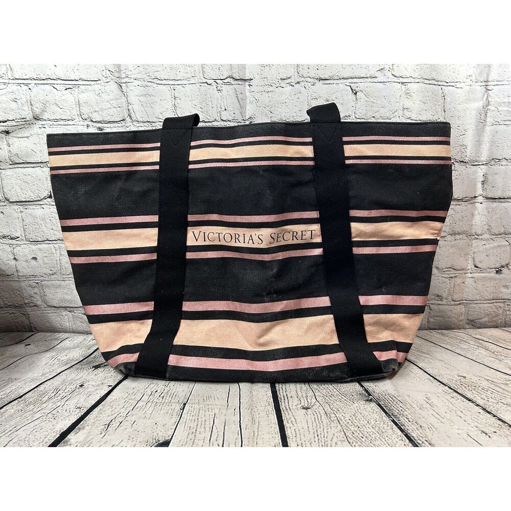 Victoria’s Secret Large Tote Bag Zip 20"x13"x6" Gusset Pink Stripes Canvas